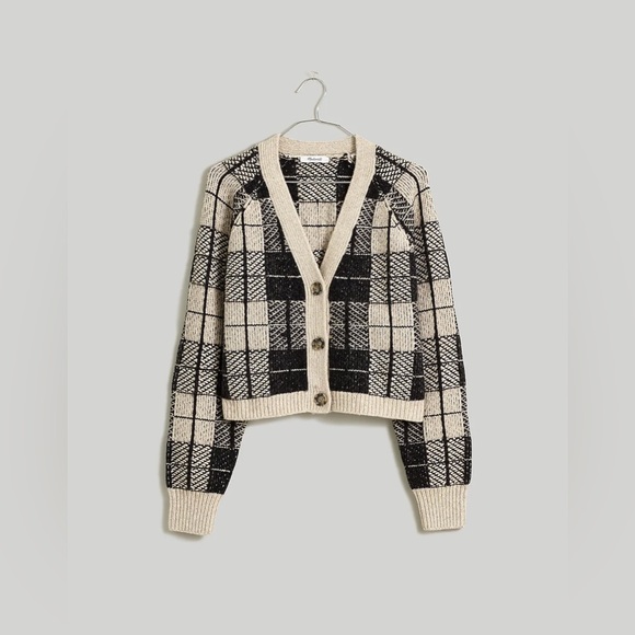 Madewell Button-Front Crop Cardigan in Plaid Merino Wool, Alpaca Blend $118 - Picture 2 of 8